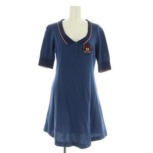 オーブ刺繍 ワンピース ミニ 半袖 ワッペン ストライプ 2 ネイビー /MY OS