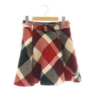 ベルト付きウールチェックフレアスカート 36 レッド ブラック グレージュ /ES OS