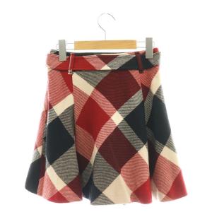 BURBERRY BLUE LABEL ベルト付きウールチェックフレアスカート 36 レッド ブラック グレージュ /ES OS