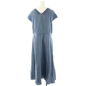 Spick&Span 23SS リネン混シャーリングVワンピース ロング 半袖 38 ブルー /HK OS