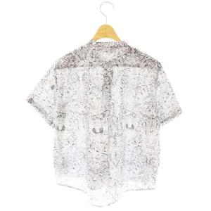 MidiUmi リバティプリントシャツ バンドカラー 半袖 ブラック ホワイト /DF OS