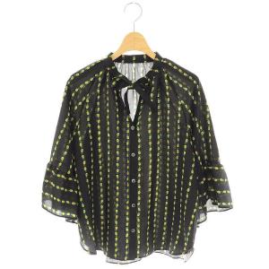 パインボーダープリントブラウス 七分袖 フレア 36 黒 ブラック /AT OS