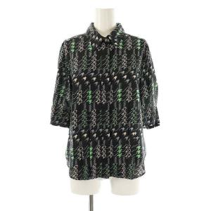 チドリプリントタックブラウス シャツ 半袖 36 ブラック /DF OS