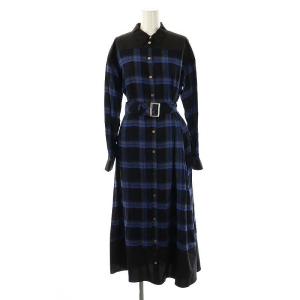 チェックコンビワンピース ロング 長袖 36 ネイビー ブラック /HK OS