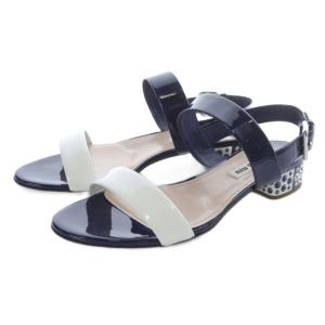パテントレザー バイカラー クリスタルヒール サンダル ストラップ 37 紺 ネイビー 白 ホワイト /SR19