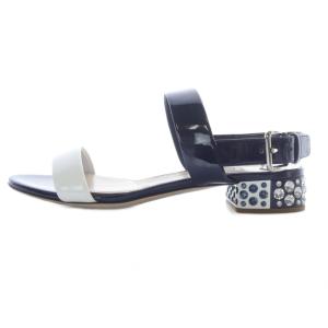 miumiu パテントレザー バイカラー クリスタルヒール サンダル ストラップ 37 紺 ネイビー 白 ホワイト /SR19