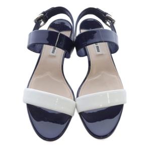 miumiu パテントレザー バイカラー クリスタルヒール サンダル ストラップ 37 紺 ネイビー 白 ホワイト /SR19
