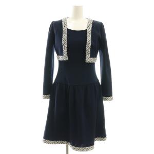 セットアップ ニット ツイード ノーカラージャケット クロップド丈 ワンピース 34 36 紺 白 /MI