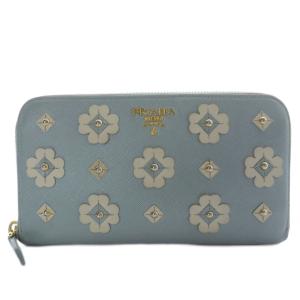 サフィアーノレザー フラワー装飾 ラウンドジップ 長財布 ブルー 1M0506 /YO15 OH