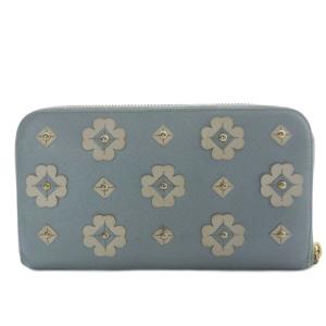 PRADA サフィアーノレザー フラワー装飾 ラウンドジップ 長財布 ブルー 1M0506 /YO15 OH