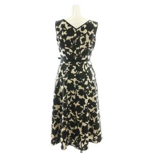 ANAYI 23SSリネンライクフラワープリント切替ワンピース ベルト付き 34 黒 ベージュ /CX OS