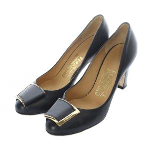 パンプス チャンキーヒール レザー ゴールド金具 5.5 23cm 黒 ブラック /RI OS
