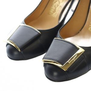 Salvatore Ferragamo パンプス チャンキーヒール レザー ゴールド金具 5.5 23cm 黒 ブラック /RI OS