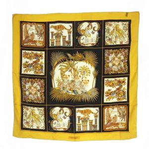 スカーフ シルク アニマルプリント チーター トラ 黄色 からし色 黒 ブラック /RI OS