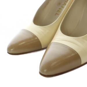 CHANEL パンプス ポインテッドトゥ ハイヒール レザー バイカラー 37 24cm ベージュ アイボリー ブラウン