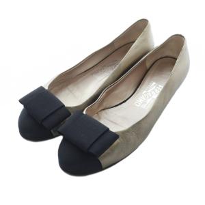 パンプス ラウンドトゥ フラット ローヒール リボン 8.5 26cm ゴールド 黒 ブラック /RI