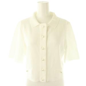 フェイクパールボタン襟付き半袖ニットカーディガン セーター 36白 ホワイト /SS OS