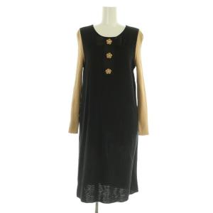 ビジュー付フラワーボタン ニットワンピース 膝丈 長袖 リブ 38 ブラック /MY OS