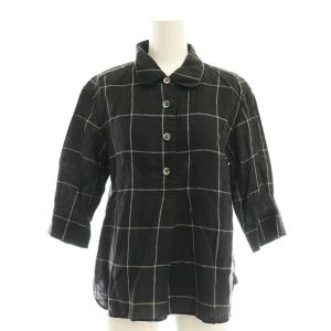 チェック柄リネンシャツ 7分袖 1 黒 ブラック /SS OS