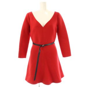 ウールシルク Vネックベルテッドドレス ワンピース F34 レッド