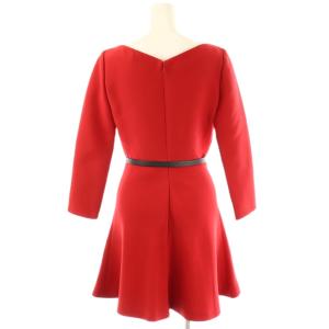 Christian Dior ウールシルク Vネックベルテッドドレス ワンピース F34 レッド