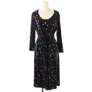 花柄 クルーネック ロングスリーブ ワンピース ミモレ 長袖 11 紺 ネイビー /AT OS