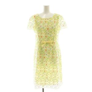 花柄刺繍 半袖 ワンピース ひざ丈 38 黄 イエロー /AT OS