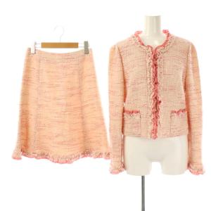 ツイード ノーカラージャケット スカート セットアップ 上下 スーツ 38 ピンク アイボリー /AT