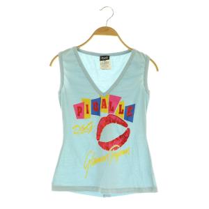 PIGALLE リッププリントスリーブレス バックスリットTシャツ ストレッチ ラメ 24/38 ライトブルー