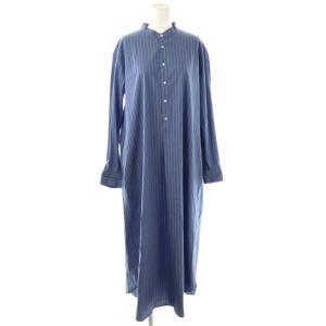 ハーフボタン バンドカラー シャツワンピース ブルー ホワイト /ES OS