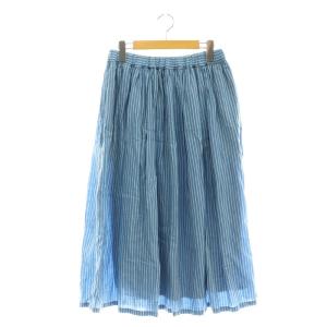 リネン混 ストライプ ギャザースカート フレアスカート ロング M ライトブルー /DF OS