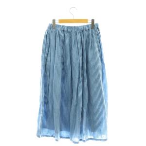 plantation リネン混 ストライプ ギャザースカート フレアスカート ロング M ライトブルー /DF OS