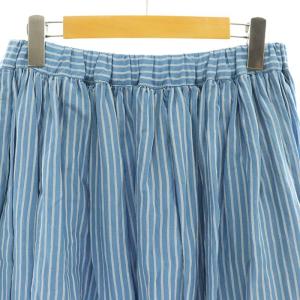 plantation リネン混 ストライプ ギャザースカート フレアスカート ロング M ライトブルー /DF OS