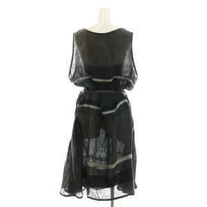 plantation リネンコットン チェック ノースリーブ ワンピース ミモレ ロング 2 グレー 紺 ネイビー /AT OS