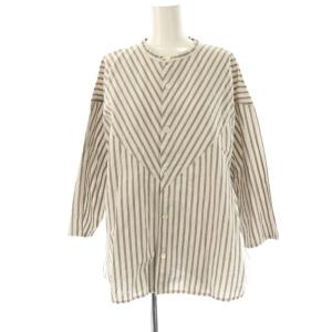 バンドカラー ストライプ シャツ リネン混 2 グレー アイボリー /ES OS