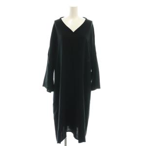 コットン ウール混 Vネック ワンピース ミディ丈 ひざ丈 2 ブラック /DF OS