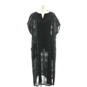 ドット刺繍 リネンコットン ワンピース キーネック 2 黒 /CX OS