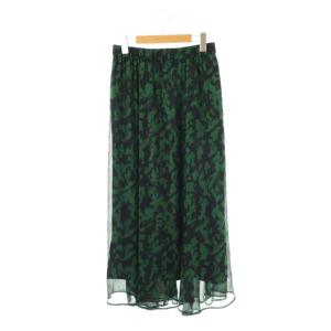 プリント楊柳フレアギャザースカート ロング 緑 グリーン 紺 ネイビー /SS OS