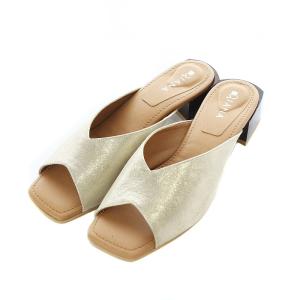 ミュール サンダル スクエアトゥ チャンキーヒール レザー M 23-23.5cm ゴールドラム EM53255