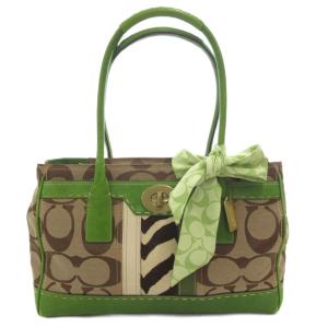 シグネチャー トートバッグ レザー 本革 緑 グリーン 茶 ブラウン リボン付き 11561 /JS