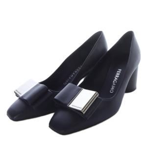 LENA60 ダブル ボウ パンプス チャンキーヒール スクエアトゥ レザー 6D ネイビー /YO4