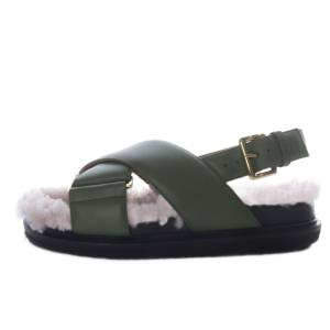 サンダル フラット ファー ストラップ レザー 37 カーキ FBMS008701 /YO2