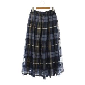 シアーチェックオーガン プリーツスカート シルク 36 ネイビー ブルー