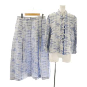 総柄 リネン ジャケット スカート セットアップ 44 ブルー ホワイト /DF OS