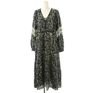 更紗プリントワンピース ロング 長袖 ブラック マルチカラー /DO OS