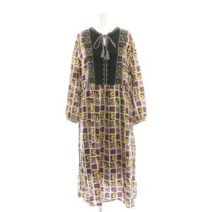 Helados プリントワンピース ミモレ ロング 長袖 40 ベージュ 黒 ブラック /AT