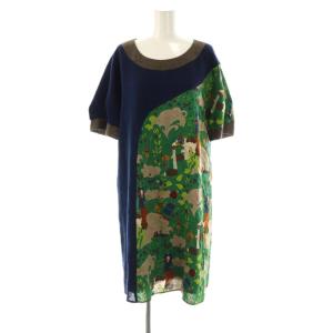 総柄ウール混半袖ワンピース 40 ネイビー チャコールグレー マルチカラー /DO OS