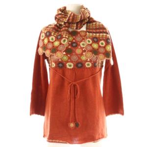 ウール混 マフラー付き 総柄 ニット セーター 七分袖 40 ブラウン /HK OS