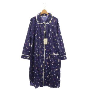 ルームウェア 総柄 ワンピース ロング 長袖 M ネイビー /HK OS