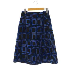 総柄ラップスカート ロング フレア 36 ブラック ブルー /DO OS